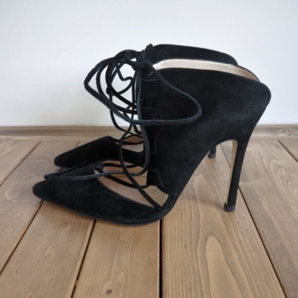 TopShop Black Strappy Faux Suede Lace up Heels 387.5 US